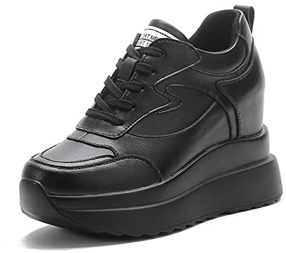 MIEHUIAI Baskets à Talon Compensées Femmes Plateforme Chaussures de Sport Mode Cuir Baskets Casual Lacets Sneakers à L'intérieur Hausse Talon de 10 cm(Noir,Taille 39)