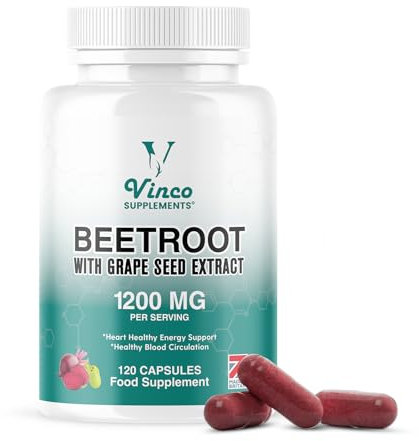 Vinco Beetroot Capsules with Grape Seed Extract 1200mg, 120 Capsules - Helps Support Nitric Oxide Production, Heart Healthy Energy - Highly Concentrated and Bioavailable Beets Supplements