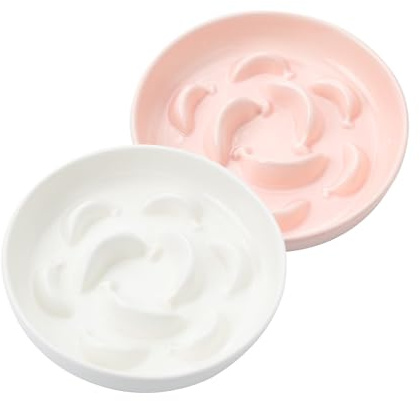 Kattskålar som motverkar avskalning - Set med 2 kattskålar i keramik med långsam matning - Pastel-serien dubbel skål för katter - diskmaskins- och mikrovågsugnssäker - rosa och vit