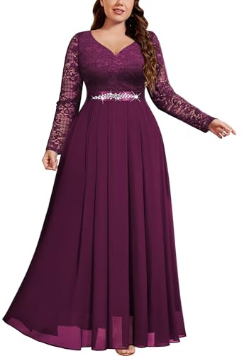 MISSMAY Plus Size Floral Lace Contrast Chiffon Lantern Long Sleeves Rhinestone Waist Closing Formal Banquet Maxi Dress (3XL, Maroon)