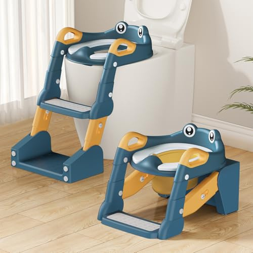 2 IN 1 Toilettensitz Kinder, Toilettensitz Kinder mit Treppe für Jungen Mädchen Baby, Upgraded 2-in-1 Kinder WC Sitz mit Treppe mit Urinal und Spritzschutz (Blue-Yellow)