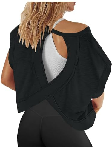 2025 - T-shirt d'entraînement à manches courtes avec dos ouvert pour femme - Décontracté - Pour le yoga, l'athlétisme, la salle de gym, le ventre nu - T-shirt de course sans ventre - Peu importe le