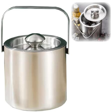Cubo de hielo de acero inoxidable de doble capa de 1,6 L y 3 L que mantiene el hielo congelado durante más tiempo. Contenedor de hielo con tapa hermética, pinzas y colador for bar.(Silver,1.6L)