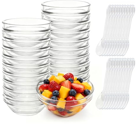 BOJVESH 20Pcs Dishwasher Safe Mini Glass Dipping Sauce Bowls with Spoons | 75ml, Matched with 20 spoons, Hold condiments, spices, ice cream, snacks and salad, Heat-resistant, Storing ingredients
