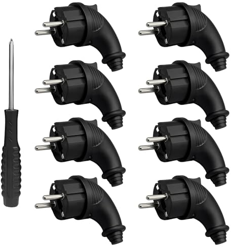 WIYETY 8 Stück Schutzkontaktstecker Außenbereich: IP44 Europäischer Winkelstecker Gummi Stecker, Stromstecker für Außenbereich, Winkel Stecker Schwarz für Haus Garten Werkstatt