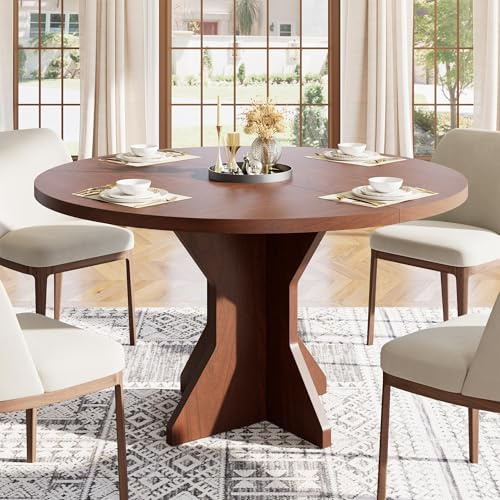 Garvee Table à Manger 120 cm Ronde en Bois Massif, Pied Stable, pour 4 à 6 Personnes, Diamètre, pour Salle à Manger, Cuisine Ou Salon, Marron Rougeâtre