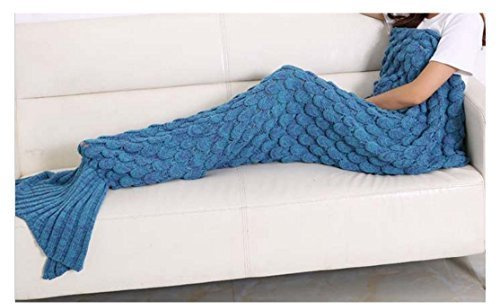 L&L® Handmade Mermaid Tail Blanket Crocheted Cocoon Sofa Beach Quilt Rug Knit Lapghan for adult or kids sleeping bag (Adult, Turquoise with Scales)