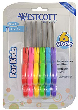 Westcott 16454 Right- and Left-Handed Scissors, Kids' Scissors, Back to School, Classroom Supplies, Ages 4-8, 5-Inch Blunt Tip, Assorted, 6 Pack