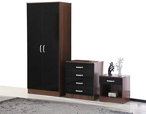 AFN Home Gladini High Gloss 3 Piece Bedroom Furniture Set - Includes Wardrobe, 4 Drawer Chest, Bedside Cabinet (Black/Walnut)