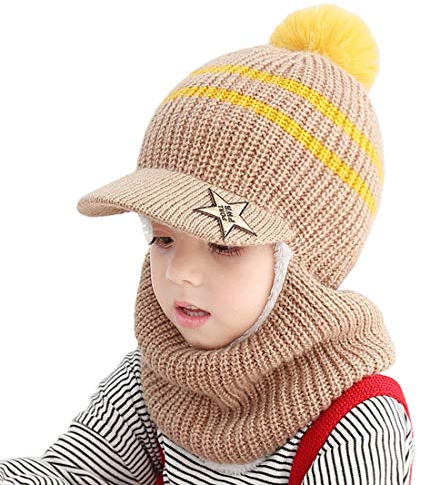 YONKOUNY Kinder Wintermütze Jungen Mädchen Warm Niedlich Strickmütze Schalmütze Schlupfmütze Beanie Mütze mit Fleecefutter