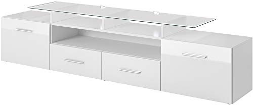 Tv Schrank Evora Mini, Lowboard, Unterschrank, Fernsehentisch, Fernsehenschrank mit 2 Klappen, 2 Schubladen und LED Beluchtung (Weiß/Weiß Hochglanz)