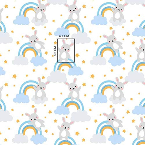 Pingianer 11,99€/m 100x160cm Hase 100% Baumwolle Baumwollstoff Kinder Meterware Handwerken Nähen Stoff (Hase Regenbogen Blau)