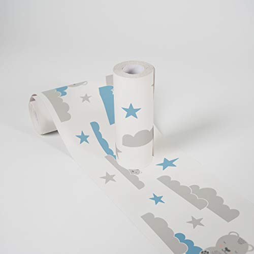 A.S. Création Lovely Kids Bordüre selbstklebend Dreamy Bears Wandbordüre mit niedlichen Bären, Wolken und Sternen für Babyzimmer und Lovely Kids Wandtattoo für Mädchen und Jungen in weiß, blau, grau