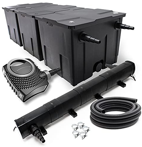 Wiltec Kit complet: CBF-350C Filtre de bassin jusqu'à 90000 L Biologique, NEO10000 pompe de filtration 10000l/h 80W, CUV-272 lampe uv 72W, 10m Tuyau 38 mm, collier de serrage W1 44-47mm