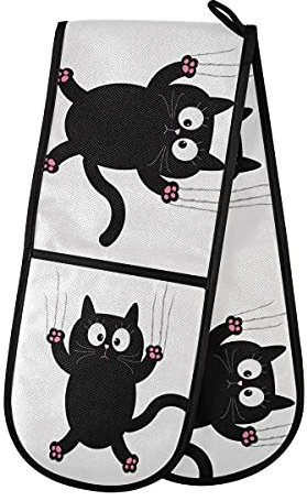RXYY Doppelt Ofenhandschuh Süß Schwarz Katze Hitze Beständig Gesteppt Baumwolle Küche Topflappen Lange Ofenhandschuhe für Kochen Backen Grillen