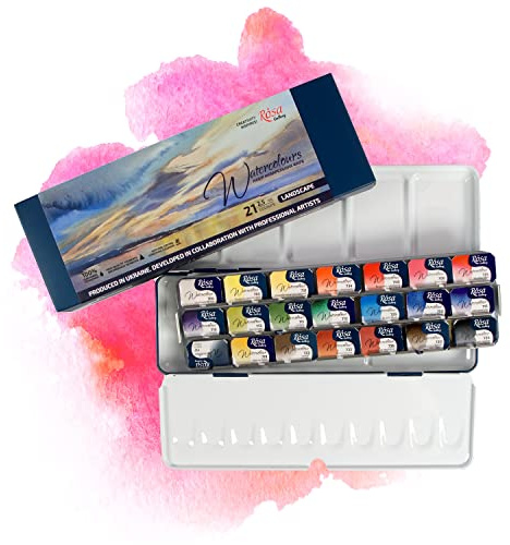 7 Artists Aquarellfarben Set – 21 x Näpfchen Rosa Gallery Landschaft Aquarell | Professionelle Aquarell Set in Metallkasten | Hochwertig Künstler Aquarellkasten | Aquarellfarbe Wasserfarben