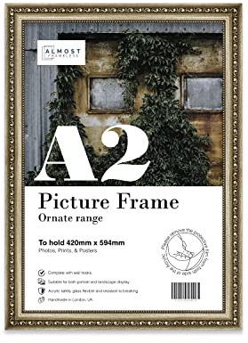 Almost Frameless A2 Champaign Ornate Picture Frame Fits A2 (42 x 59.4cm - 16.5 x 23.4in) Poster, Photo, Artwork, or Print. Baroque Style Portrait and Landscape Display with Wall Hooks
