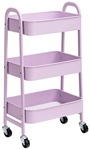 DOEWORKS Aufbewahrungswagen Küchenwagen 3-Etagen Metall Utility Cart, Rollwagen Organizer Wagen mit Rädern für Küche Make-up Badezimmer Büro, Helles Lila