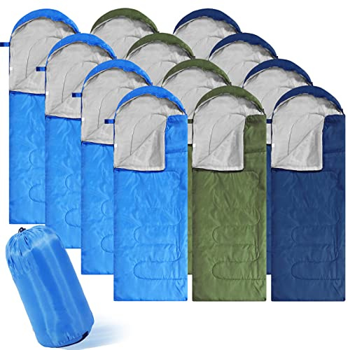 Junkin 12/36 Pcs Camping Sleeping Bag Bulk for Adults Homeless 4 Season Cold Warm Weather Sleeping Bags Waterproof Lightweight with Compression Sack for Hiking Travel Outdoor(Green, Cyan, Blue,12 Pcs)