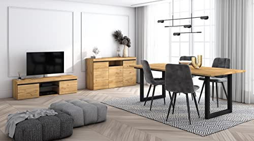 Skraut Home - Wohnzimmermöbel-Set | Tisch 200 U-Beine 10 Personen | Lowboard 140 | Sideboard/Buffetschrank 140 | Eiche und Schwarz | Industrieller Still