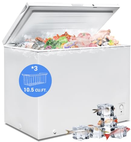 Smad Chest Freezer 10 Cu. Ft. Large Deep Freezer with Lock and 3 Removable Baskets, 4 wheels, Adjustable Thermostat, Low Noise, Garage Ready for Home, Kitchen, White
