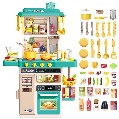 deAO Kinderküche “My Little Chef“ mit Sounds und Licht, Dampf, 50PCS kinderküche zubehör enthalt Geschirr, Lebensmitte, Spüle, Backofen& Kochfelder Spielzeug, Spielküche Kinder Set ab 1 2 3 Jahr