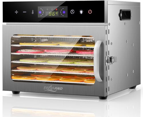 SEASAND Food Dehydrator Machine | 6 Stainless Steel Trays, Independently Control Temperature And Time, Rear-Mounted Fan, 24 Hours Timer - Used For Vegetables, Fruits, Meat, Pet Food
