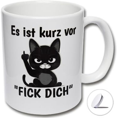 Lustige Tasse mit Stinkefinger - Katze Es ist kurz vor FICK DICH Tasse mit Tassendeckel, Kaffeetasse, Tasse für Morgenmuffel (A: Weiße Tasse inkl. weißem Tassendeckel)