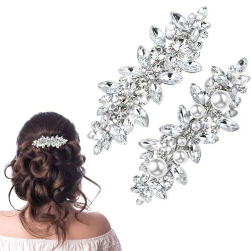 Mabor 2 Stück Hochzeit Haarspange Silber | Perlen Haarspangen Damen Kristallperle Glitzer Haarklammer Blume Hair Clips für Braut Kopfbedeckung Frauen Hochzeit Party