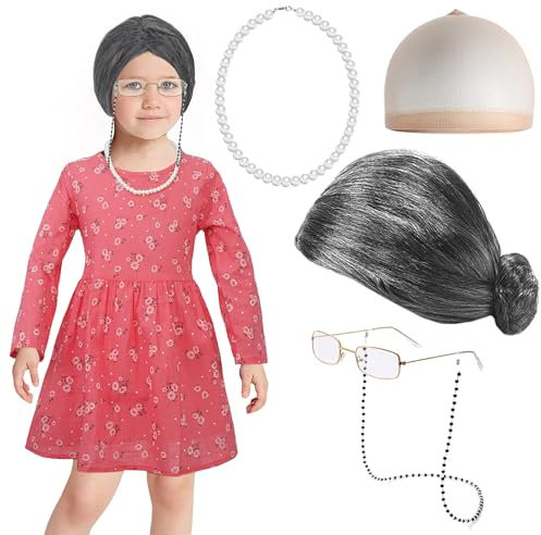FEOYA Kinder Oma Kostüm Alte Dame Cosplay Zubehör Set Grauer Dutt Perücke Kappe Brille Brillenketten Perlenkette Karneval Halloween Weihnachten Party Fasching Anzug Old Lady Kostüm Set 5-6 Jahre
