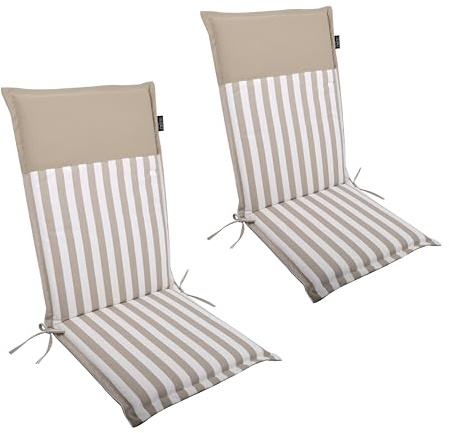 LILENO HOME MALT Lot de 2 coussins pour chaise de jardin – Chaises à dossier haut, rayures de sable, sable uni – Chaises longues confortables pour mobilier de jardin