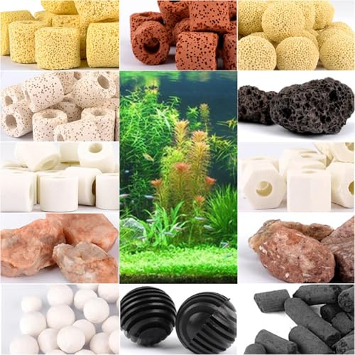 Fogukier 12 in 1 Aquarium-Filtermedien,Aquarienfiltermaterial,Keramik Ringe Filtermaterial Aktivkohle-Filtrationsmaterial für Aquarium, Geeignet für Aquarien und Fischteiche