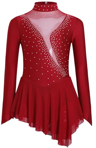 HULIJA Niños Niñas Patinaje Artístico Vestido de Ballet de Manga Larga con Rhinestone Vestido Calabaza Danza Maillot Falda Asimétrica Competición Danza Ropa, borgoña, 134-140