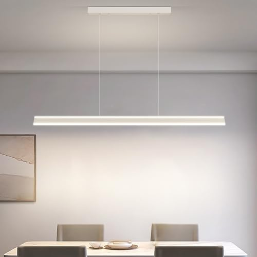 Aleaty LED Esstisch Pendelleuchte Moderne Dimmbare Hängeleuchte Mit Fernbedienung 3000K-6000K Linear Design Höhenverstellbar Küchenlampe Hängend Hängelampe Für Büro Esszimmer Küche (Weiß, L150cm)