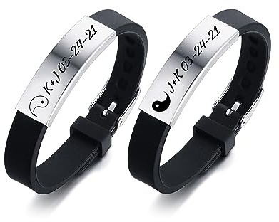 MZZJ Yin Yang Tai Chi Yoga Couple Bracelet Set 12MM Silicone Rubber Stainless Steel ID Adjustable Belt Buckle Cuff Bracelet Wristbands for Boyfriend Girlfriend,Friendship Gift for Best Friend,Black