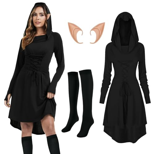 rumnigh Vestido Medieval con Capucha para Mujer Disfraz Renacentista, Disfraz de Halloween para Mujer (Negro, XXL)