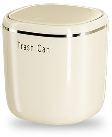 Gsrhzd Desktop Trash Can, Mini Plastic Desktop Trash Bin, Desk Bin with Lid, Mini Press Lid Wastebasket, for Family Living Room Kitchen Bedroom Bathroom Office Car Indoor, Beige