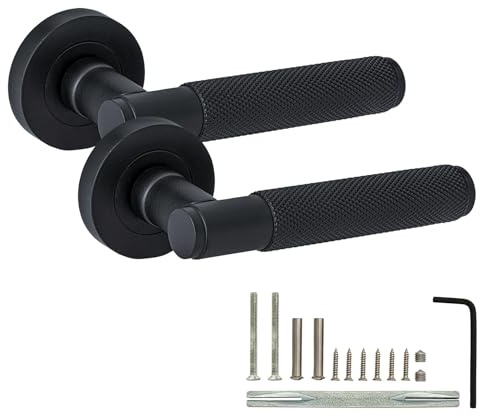 XFORT Titan Lever on Rose Door Handles, Knurled Lever Latch Door Handle, Internal Door Handle Sets for Interior Wooden Doors, Interior Door Handles for Home & Office – Matt Black