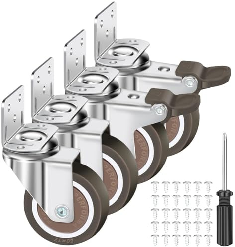 4 ruedas en forma de L para muebles, ruedas giratorias de 50 mm con freno, 30 tornillos, giratorias 360°, ruedas de transporte para cargas pesadas (2 ruedas giratorias, 2 ruedas de freno) para cunas