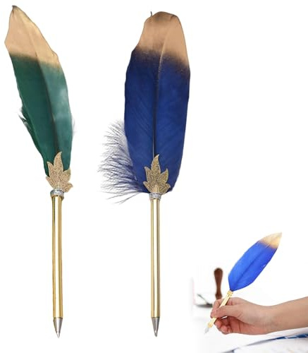 Rakiuty Penne Retrò,Penne A Sfera Retrò,Penne Per Stili Creativi,Calligrafia Stilografica,Penna a Sfera in Piuma,Penne a Sfera con Piume,Penna Piuma D'oca Set,Cute Feather Pen (Verde Scuro+Blu Scuro)