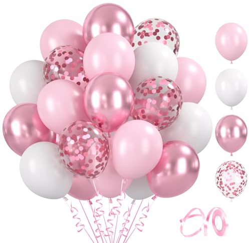 BlooMoo 60 Stück Luftballons Rosa Weiß, 12 Zoll Latex Luftballons Pastell Rosa Weiss, Metallic Ballons und Konfetti Ballons Set, für Geburtstag Hochzeit Babyparty Party Dekoration