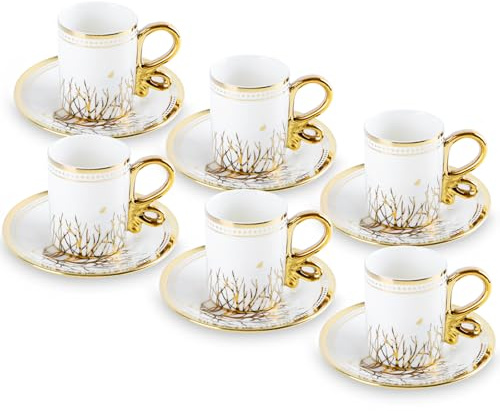 Juego de tazas de café turcas, juego de 12 tazas de café Karaca con platillos de porcelana, tazas mochatas, Karaca Kahve Fincan Seti, servicio de café, tazas blancas (dorado)
