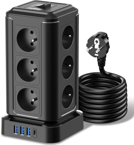 TOPREK Tour Multiprise avec 12 Prises AC Française et 1 USB C(20W PD3.0) et 3 USB A et 2M Câble Rallonge Electrique et 1 Interrupteur, 3680W/16A, Multiprise Parafoudre pour Bureau et Maison, Noir