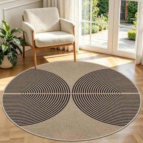 Capslpad Teppich Rund 120cm, Jute Aussehen Outdoor Teppich Wetterfest, Waschbar rutschfest Natürlich Teppiche für Wohnzimmer, Balkon, Terrasse, Küche, Garten, Farbe:Schwarz