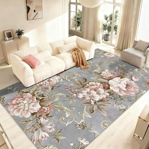 Tappeto Salotto Lavabile 160x230cm Moderno Pelo Corto Morbido Antiscivolo Tappeto Vintage Motivo Floreale Tappeto Persiano per Cucina ,Camera da Letto, Sala, Ufficio e Soggiorno (Grigio/Rosa/Verde)