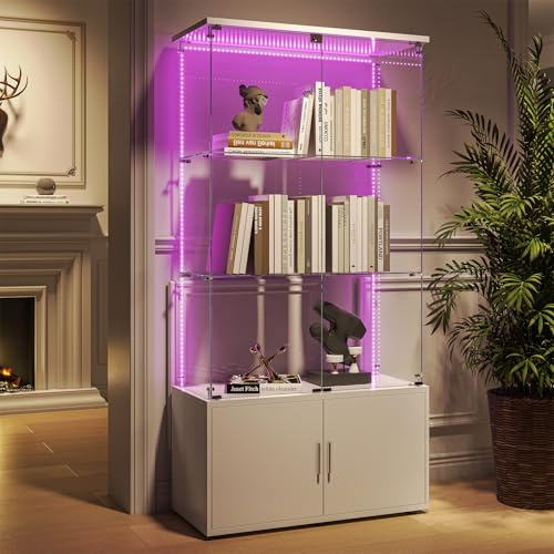 BestAlice vitrinskåp, skåp för samling med LED, 2 dörrar och lås, vertikalt vitrinskåp, modernt vitrinskåp i glas, 3-stegs glasvitrinskåp för samlarobjekt, kontor (vita, ljusremsor)