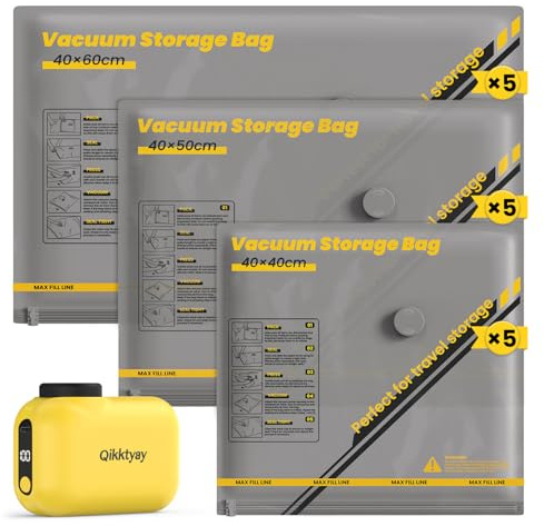 Vakuumbeutel für Kleidung mit Kabellose Vakuumpumpe – 15er Set Vakuumbeutel Reise (40×40/40×50/40×60 cm), ideal für Reise & Aufbewahrung – Vacuum Bags for Clothing Travel & Storage