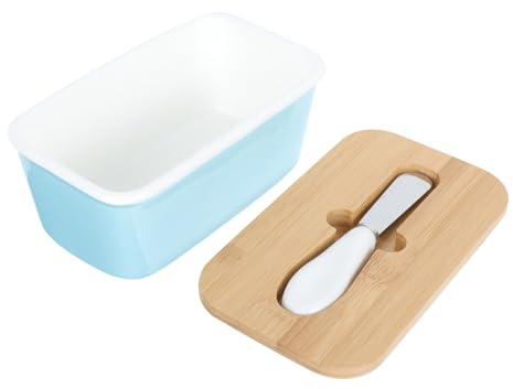 BESPORTBLE Beurrier en Céramique Rectangulaire 600 Ml avec Couteau Intégré et Couvercle Hermétique Boîte à Beurre Bleu Clair pour Réfrigérateur et Plan de Travail Pot à Beurre Français
