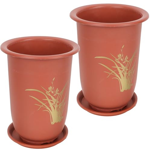 Artibetter Lot de 2 Sets de Pots de Fleurs Imitation Terre Cuite pour Orchidées avec Plateaux de Démarrage Jardinières Épaisses et Hautes en Plastique Rouge Mat Pots Décoratifs pour