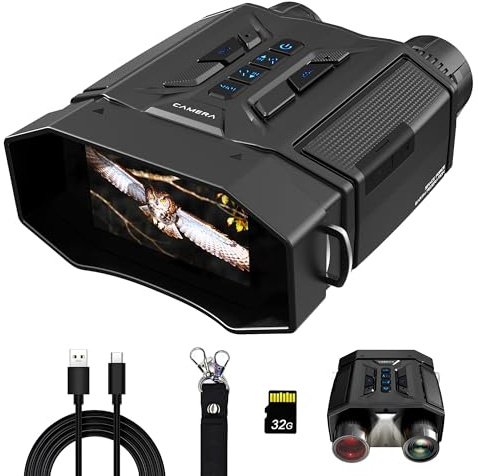 Frelisty Prismaticos Vision Nocturna, 3.0 Pantalla HD, 100m Alcance, Prismáticos Multimedia con Zoom 8X, 7 Niveles IR, Batería 4000mAh, Visor Nocturno para Caza, Camping, Regalo para Hombre(Negro)